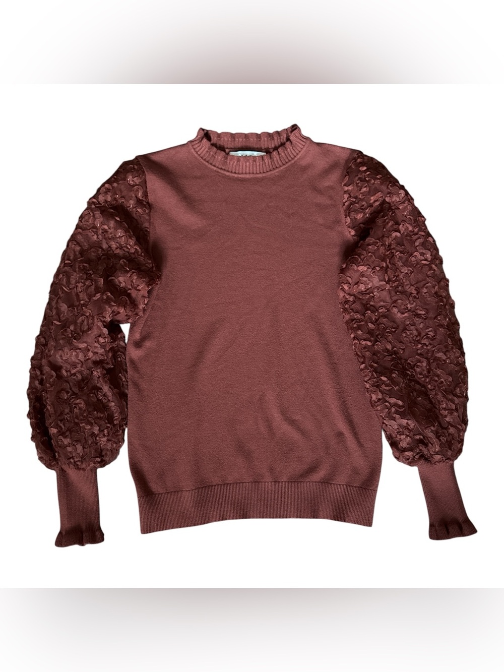 Siani Milano 3D Flowers Small Sheer Ruffle Sleeve Crewneck Sweater Rust